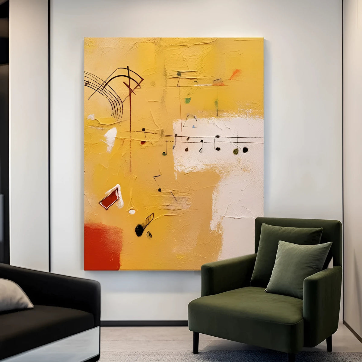 Hand painted musical abstract orange oil painting on canvas, frameless rolled wall art for living room decor