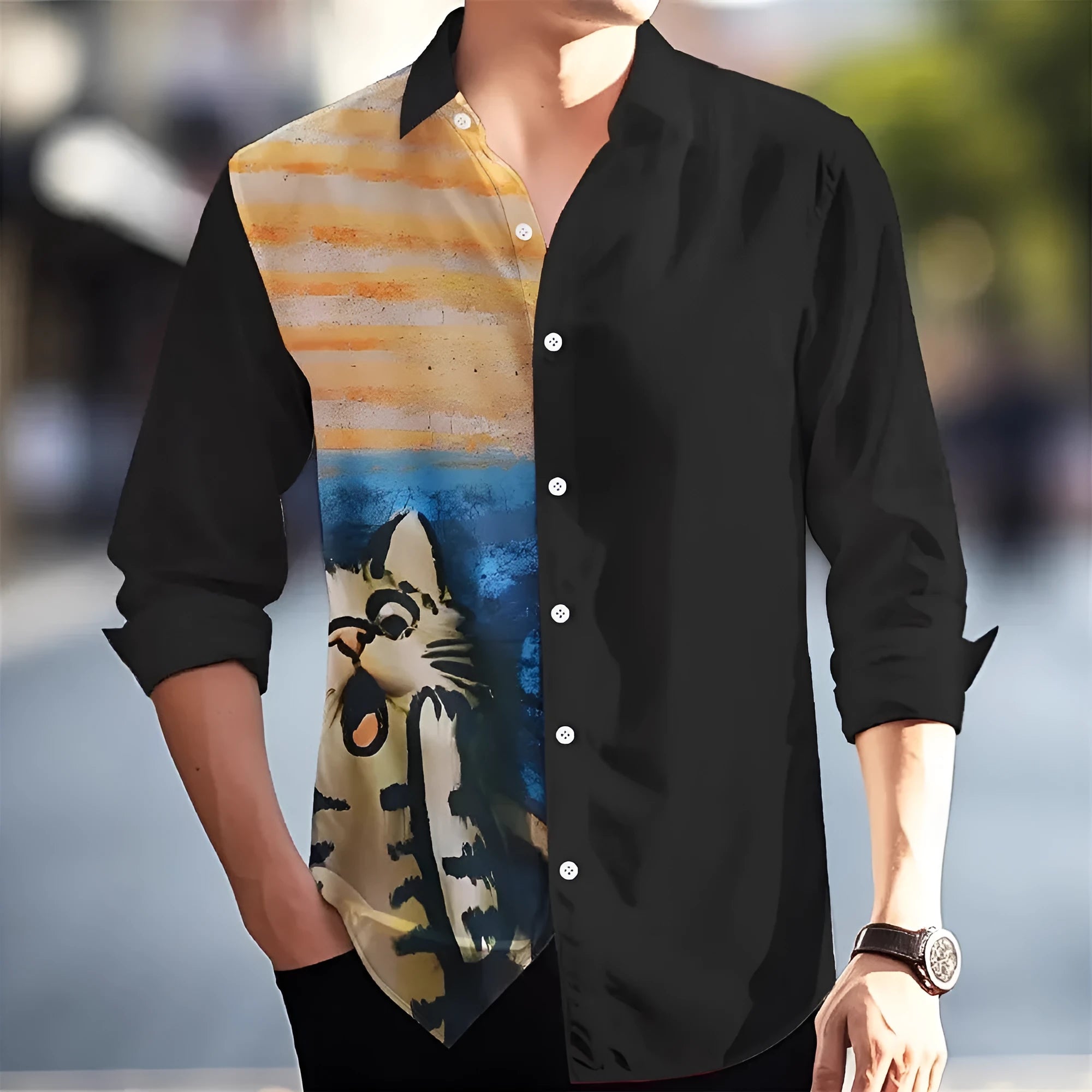 Men's Hawaiian style long sleeve shirt with floral pattern, loose cardigan fit