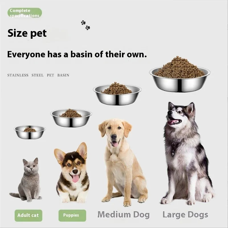 Stainless steel pet food bowl with non-slip base on a kitchen floor