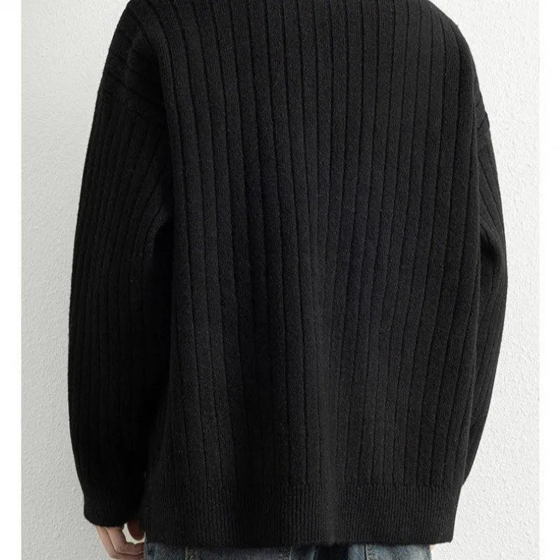 Men's grey half-zip textured sweater with loose fit and long sleeves