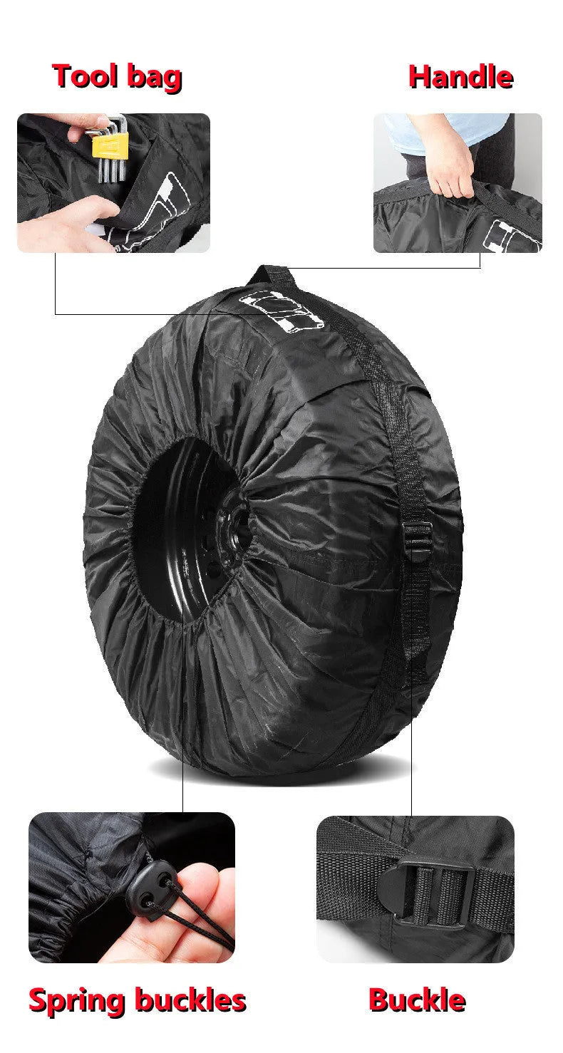Set of four Oxford cloth 210D polyester car tyre protective covers with belt closure in black or red styles