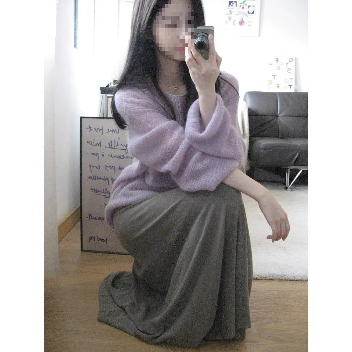 Purple women's blouse with hollow out design and princess sleeves made from ice silk fabric