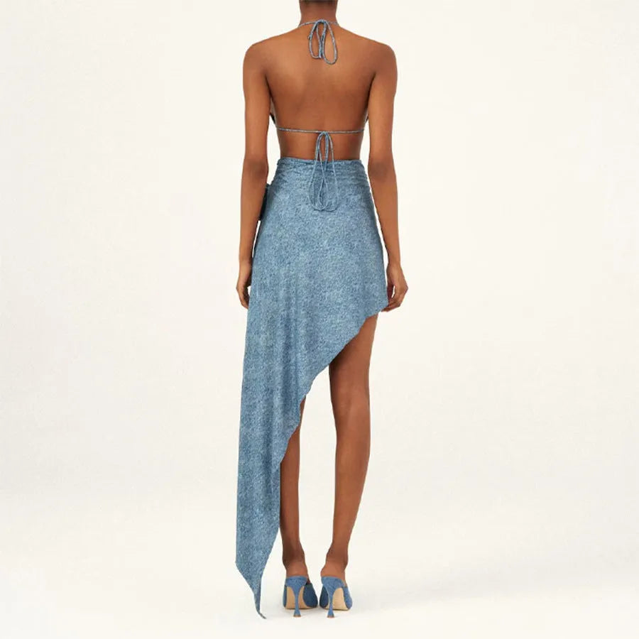 Women's one-shoulder cowboy print one-piece swimsuit with hollow-out detailing.