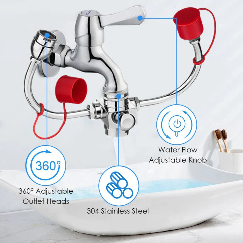 Premium wall-mounted eyewash station with dual-function faucet for hands-free emergency eye rinsing and customizable water pressure