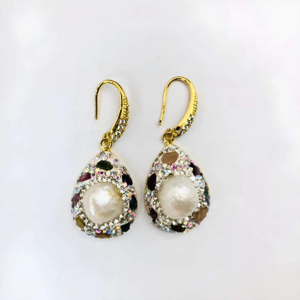 Natural freshwater pearl teardrop earrings for women with copper setting and colourful diamond inlay