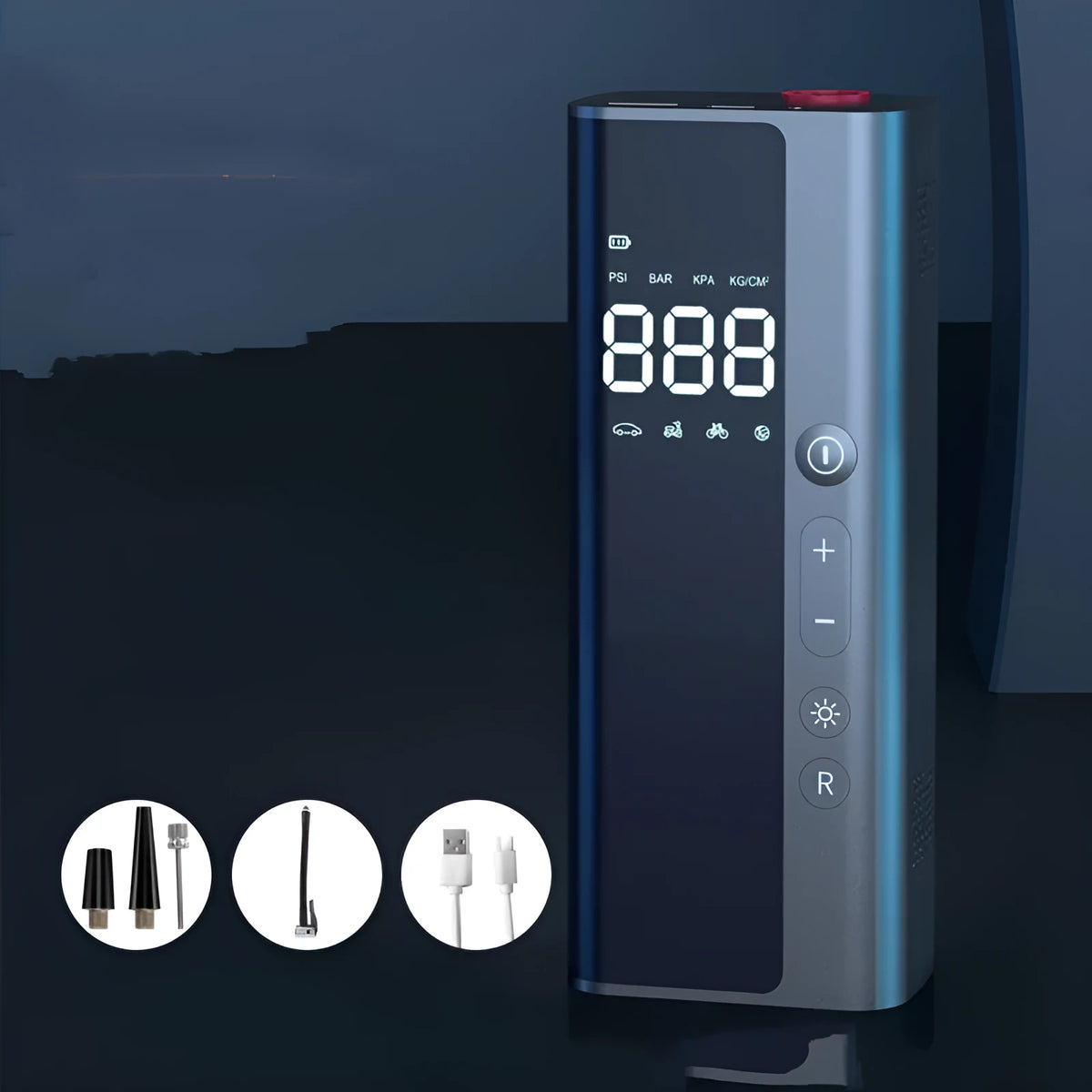 Portable wireless digital air pump on a car tyre with LED light and USB cable