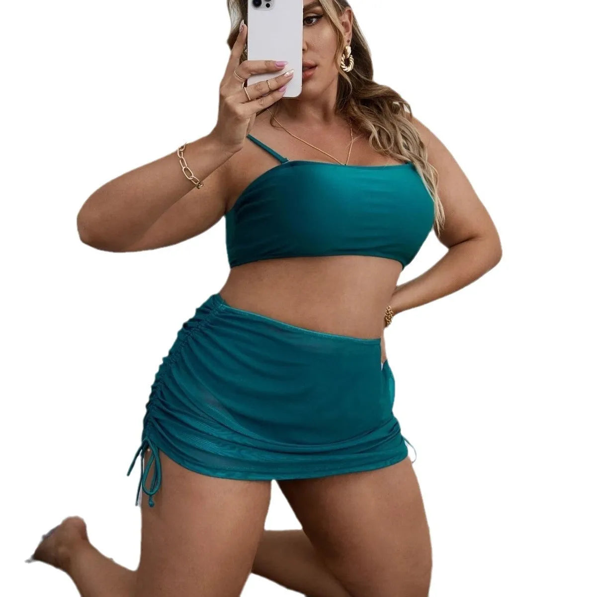 Women's solid colour mesh bikini three-piece set with top, underwear, and apron