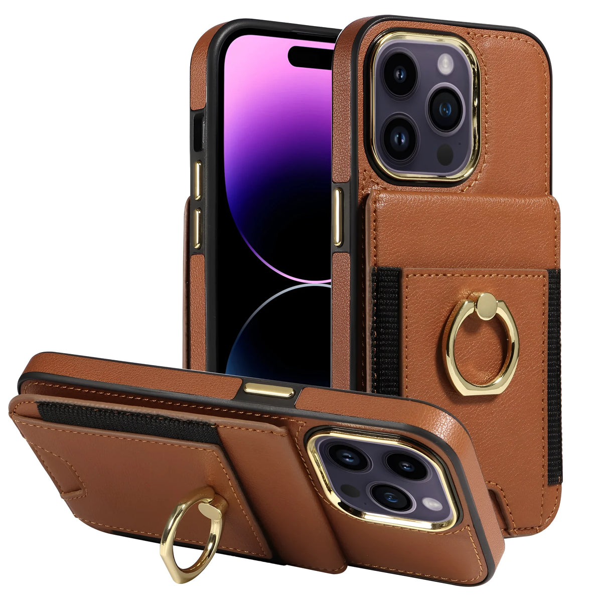 Handmade imitation leather phone case with card slot and magnetic bracket for Apple iPhone