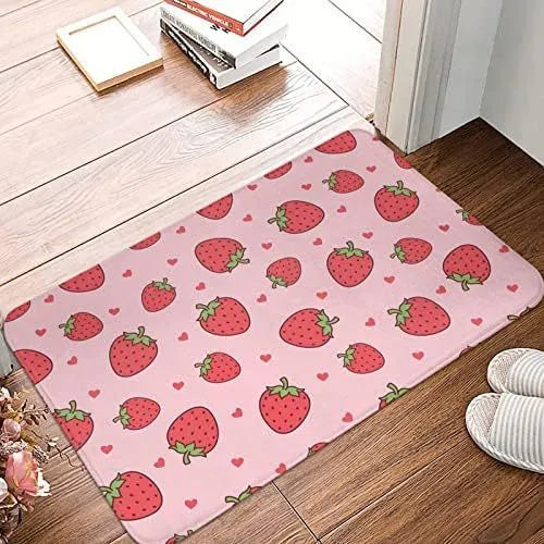 Soft polyester flannel floor mat with choice of coastal starfish, cherry strawberry, or cow print designs.