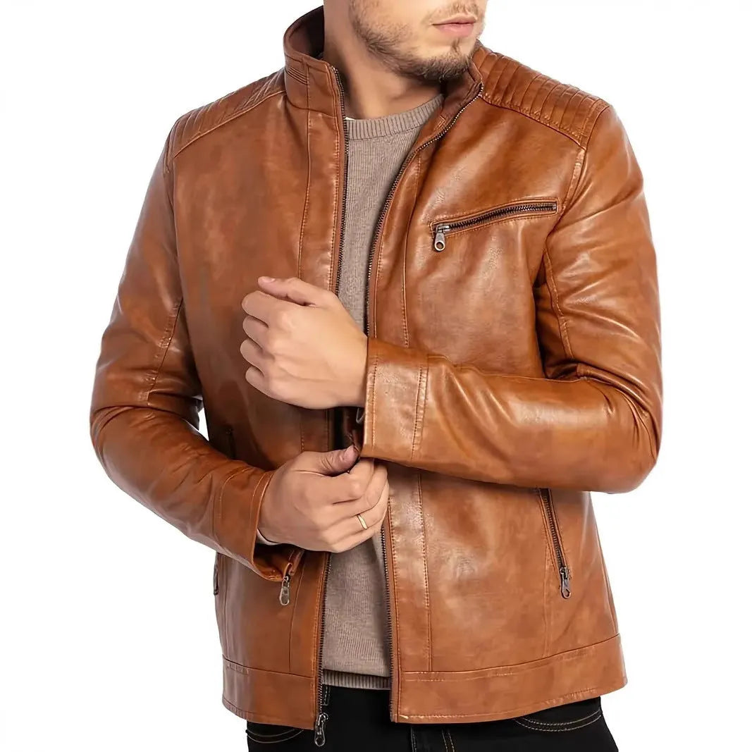 Men's brown artificial leather punk motorcycle jacket with a stand collar and patch pockets.