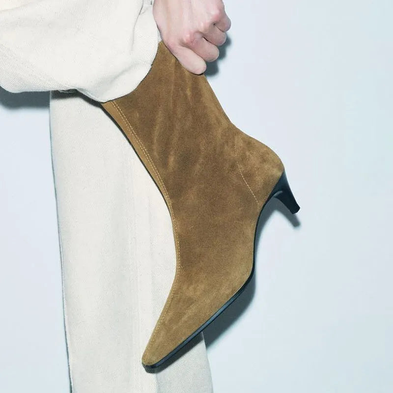 Women's brown square toe mid-calf boots with a side zipper and stiletto kitten heel on a waterproof platform sole