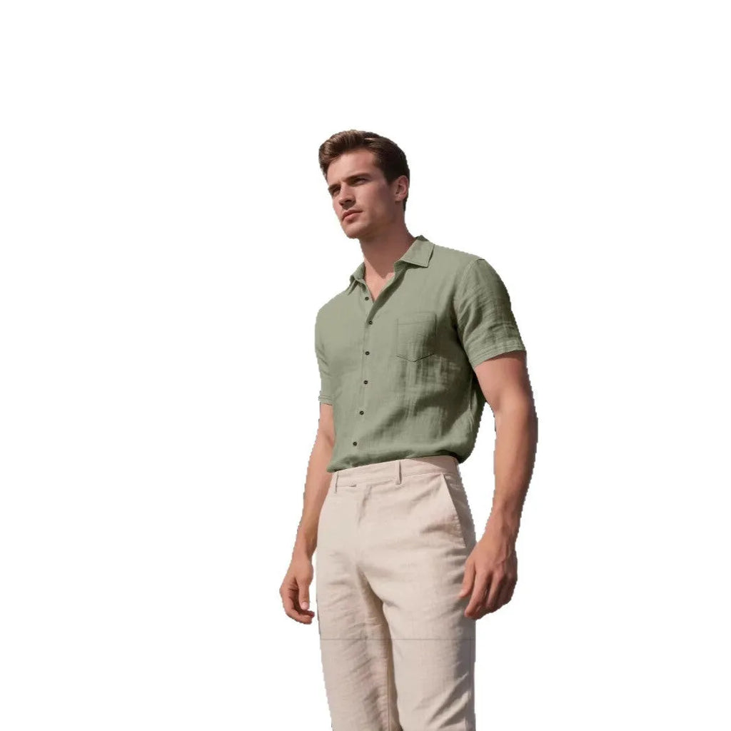 Men's loose-fit linen short-sleeved shirt in cotton blend fabric, cardigan style, solid colour options