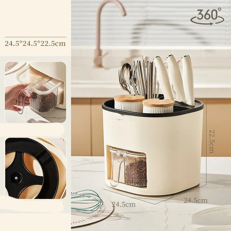 Rotating multipurpose kitchen storage organizer with 4-compartment spice rack, durable plastic construction, and 360-degree rotating mechanism for easy access to cooking tools and seasonings.