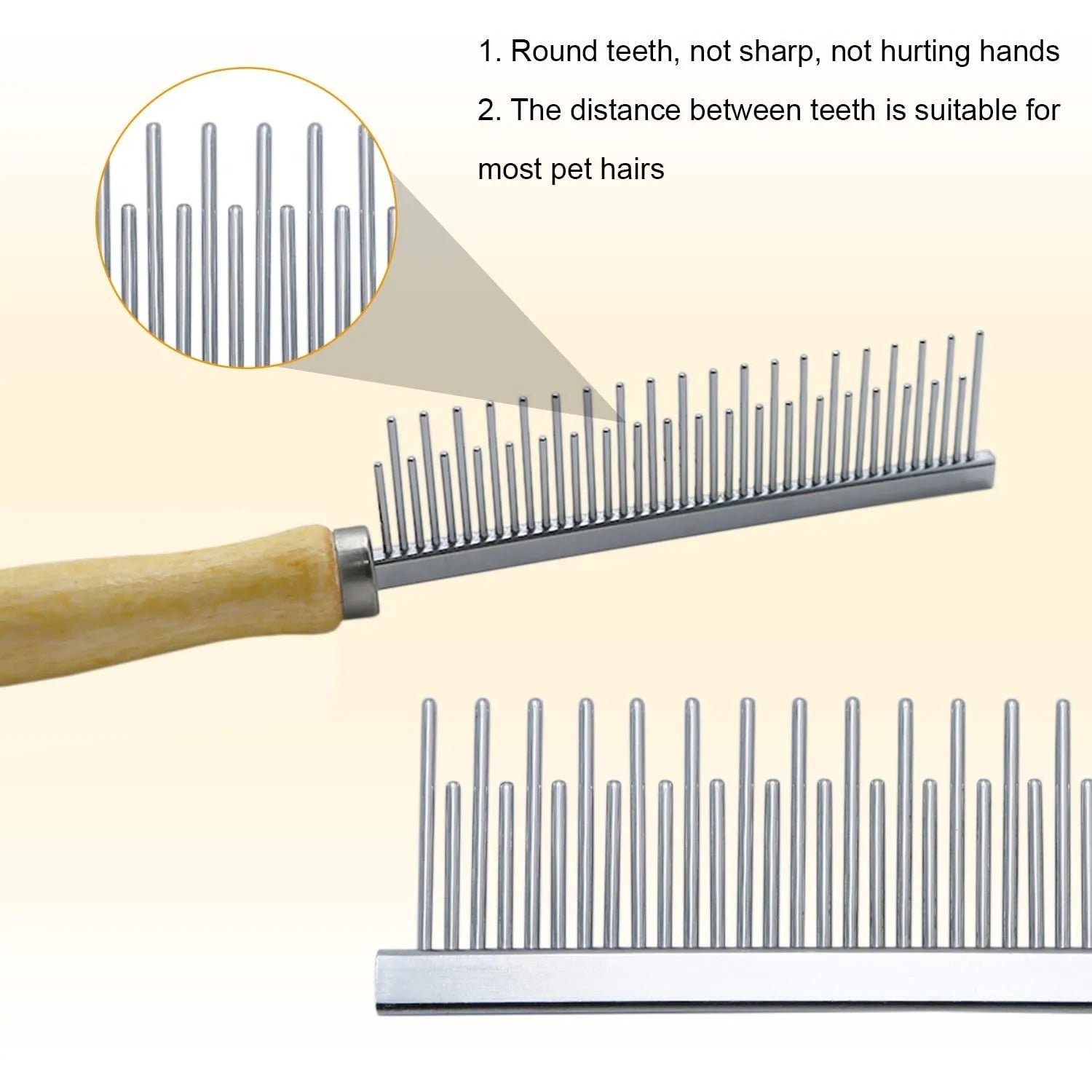 Wooden handle pet grooming comb with rounded metal teeth for dogs and cats