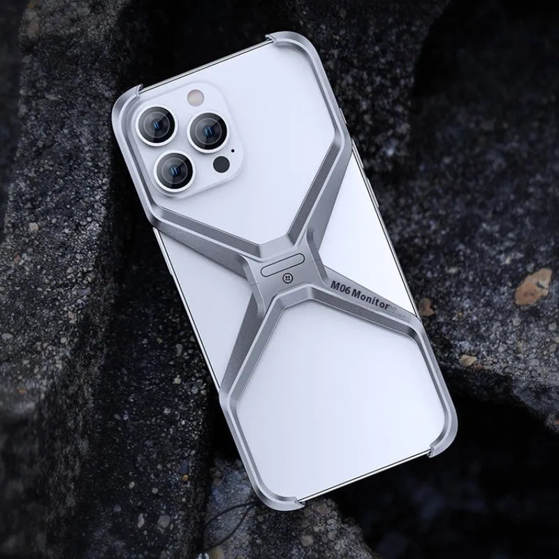 Aluminium alloy hollow-out frameless iPhone case in silver, gray, deep space gray, and titanium gold, model M06