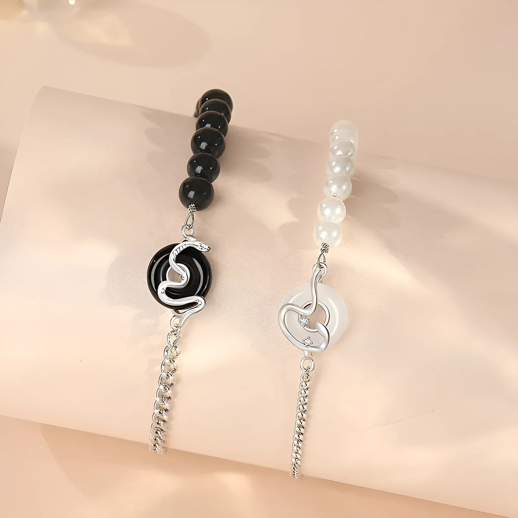 New Chinese style 925 sterling silver couple's bracelet with obsidian pearl, zodiac design, and safe buckle.