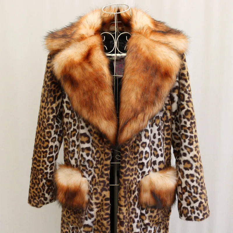 Women's long leopard print artificial fur jacket with regular sleeves for street fashion wear