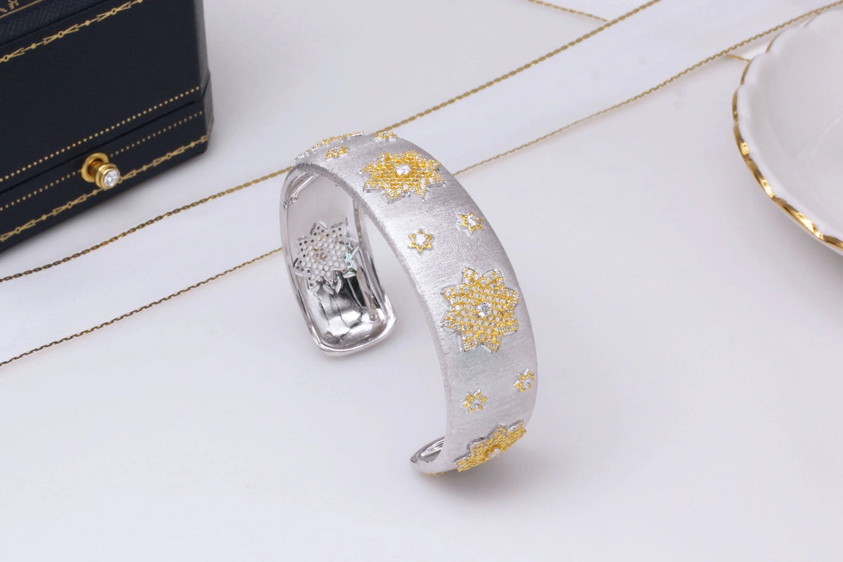 925 silver gold plated divided snowflake open cuff bracelet 18mm wide adjustable
