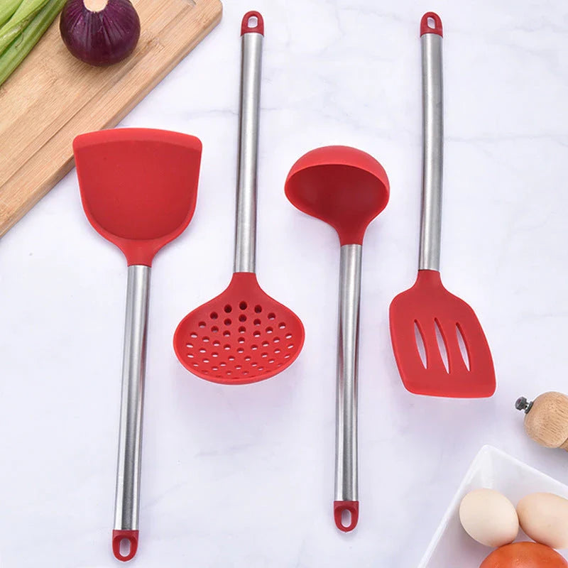 Versatile silicone kitchen utensil set with stainless steel handles, including various cooking and baking tools