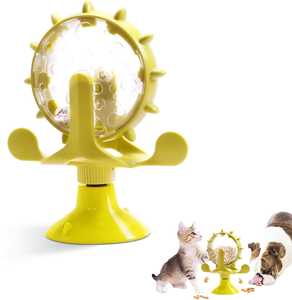 Blue green red or yellow ABS plastic pet puzzle toy with spinner and sucker base for cats and small dogs.