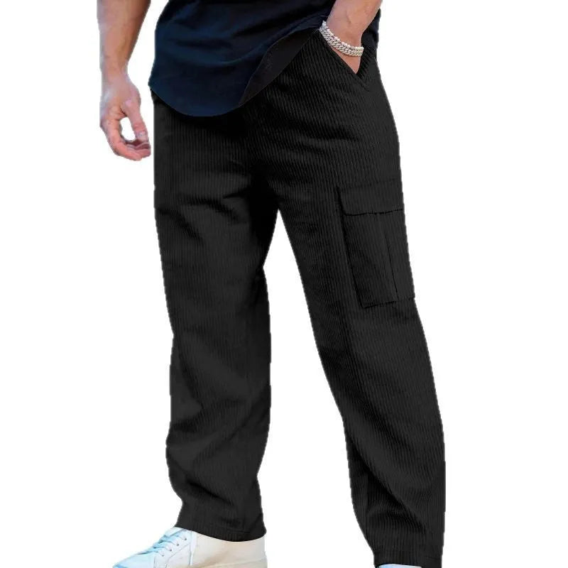 Men's corduroy cargo trousers in navy blue with straight-leg wide-cut design and drawstring waist