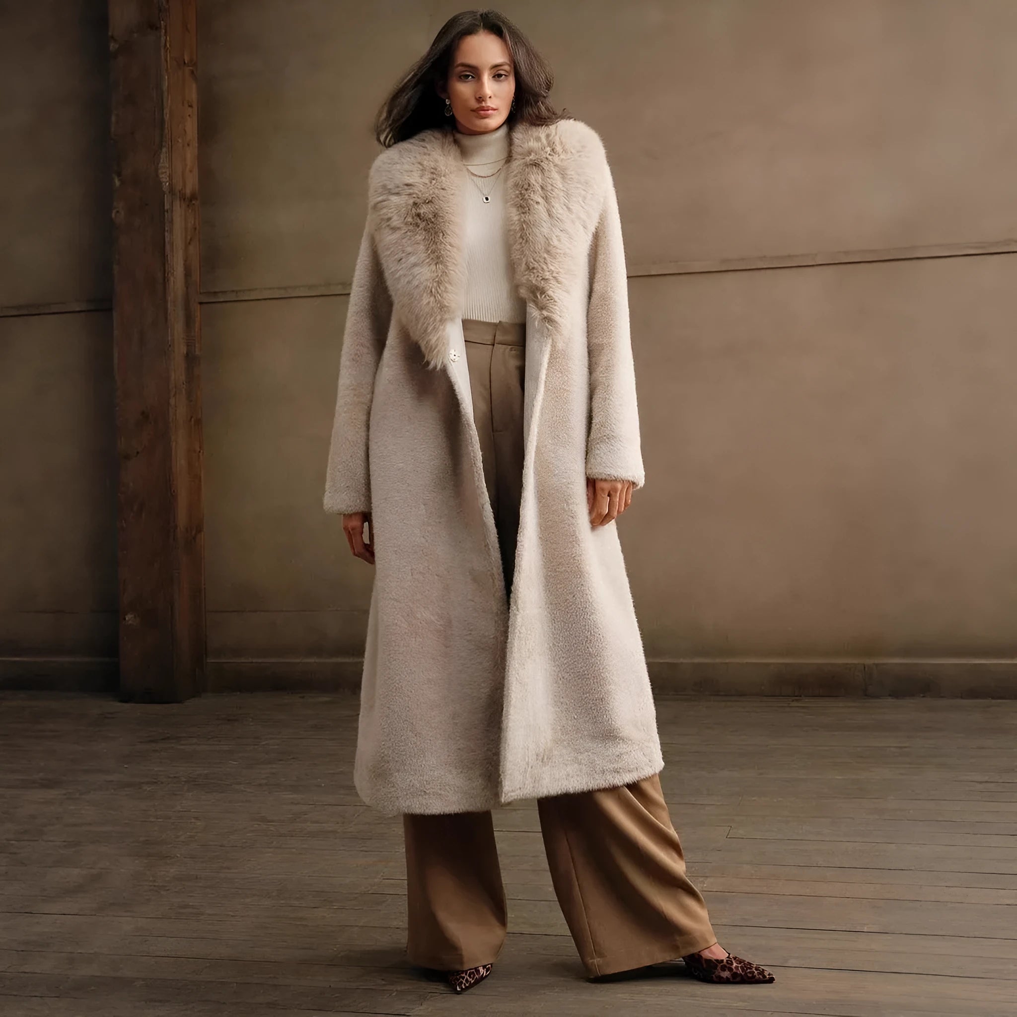 Women's long faux fur coat in camel colour with 100cm length and regular sleeves