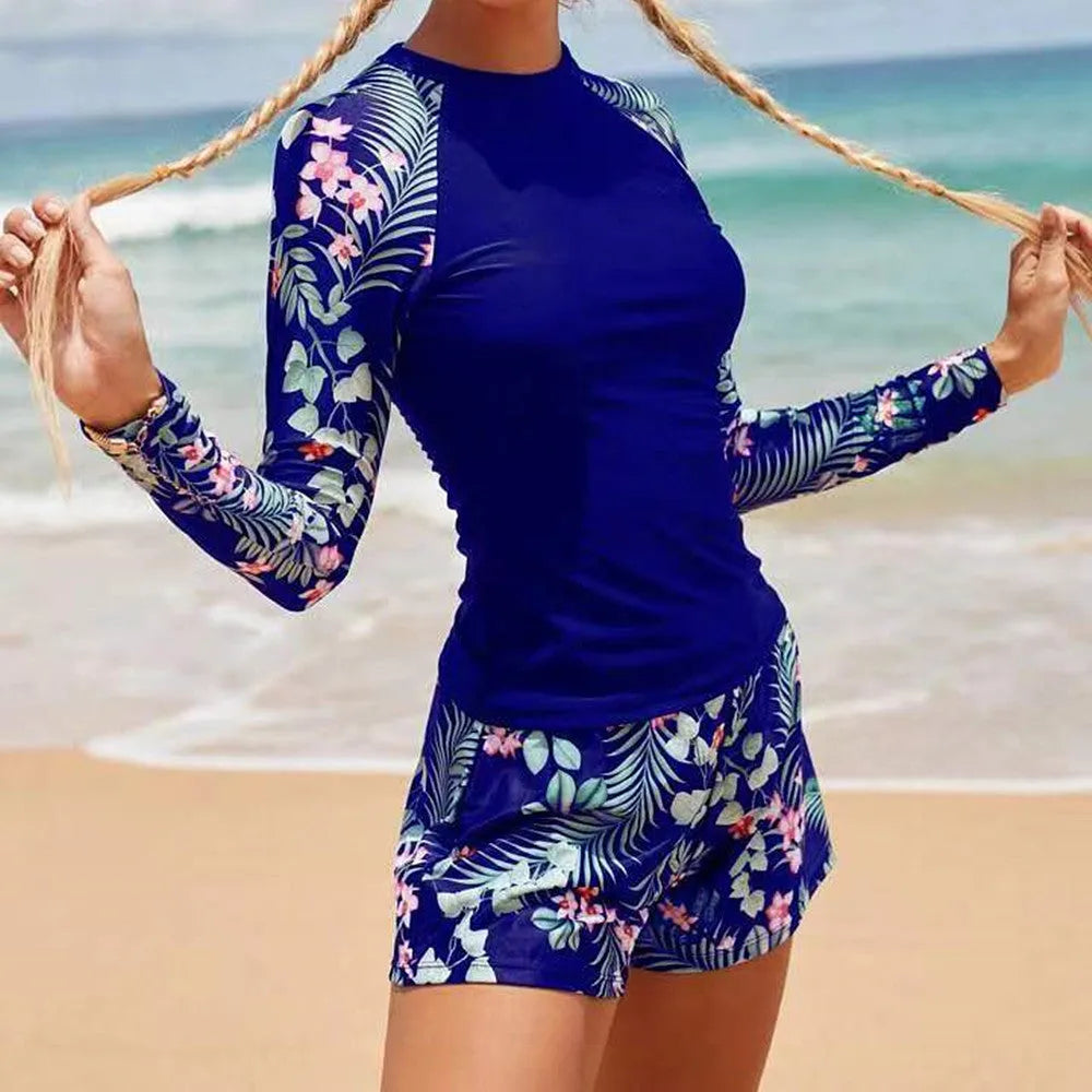 Digital printing women's split bikini swimsuit in polyester, backless with tie sides, available in black, green, dark blue, and sapphire blue