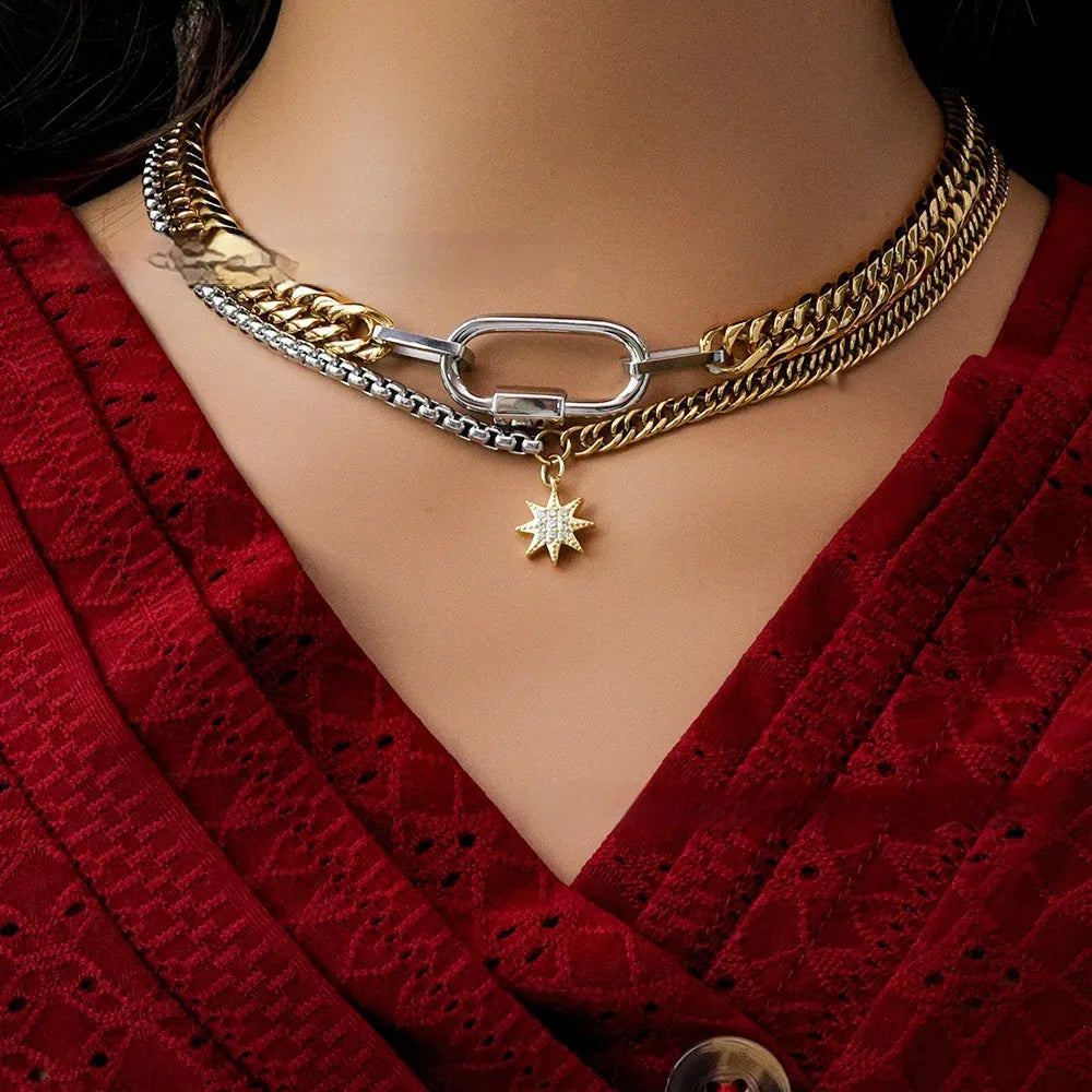 Gold dual-color patchwork pendant necklace on titanium steel chain, high polished finish