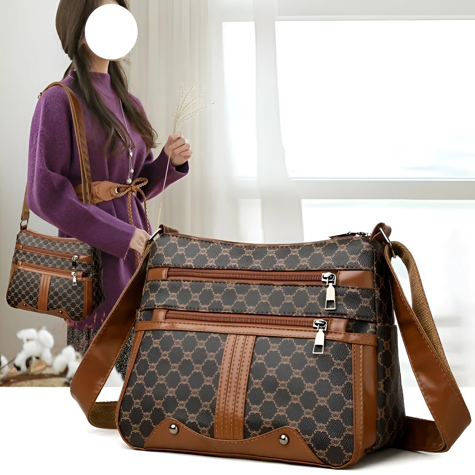 Brown and white large women's crossbody bag with stitching pattern detail