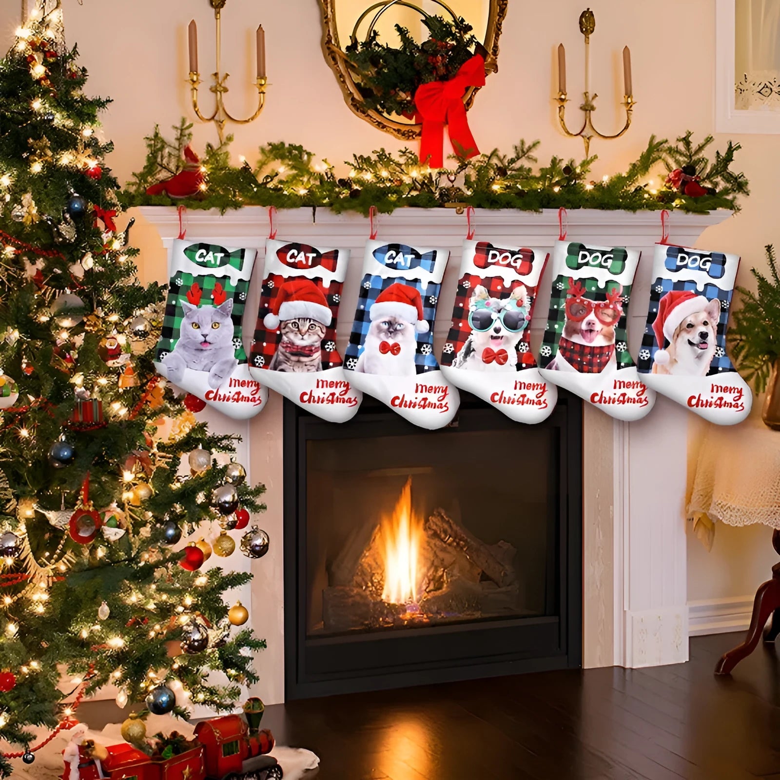 American Christmas fabric decoration panel with puppy and cat prints in traditional plaid colours