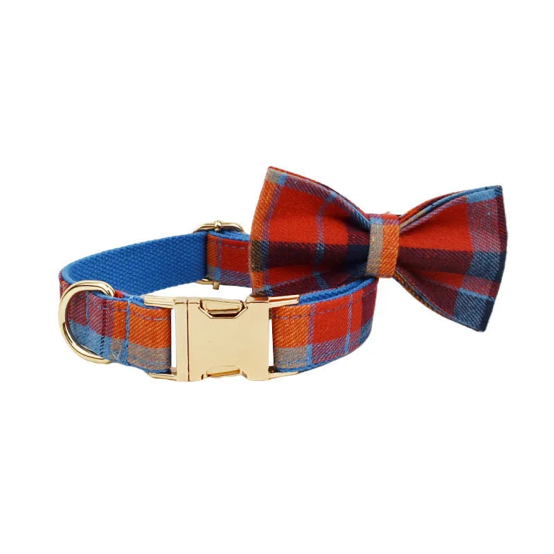 Blue velvet plaid dog collar and matching lead set with optional decorative bow accessory