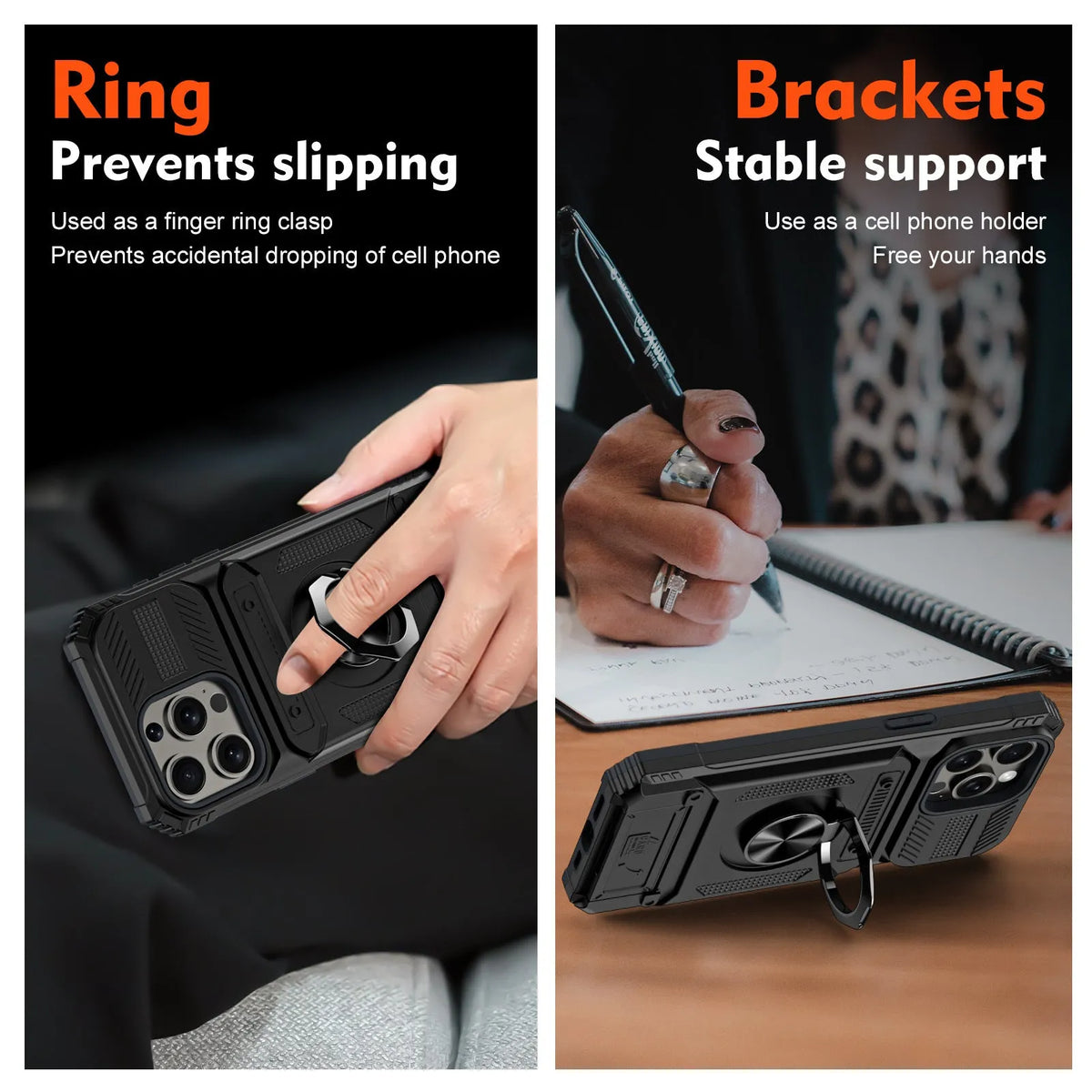 Drop-resistant phone case with hidden card slot and built-in bracket in black for iPhone
