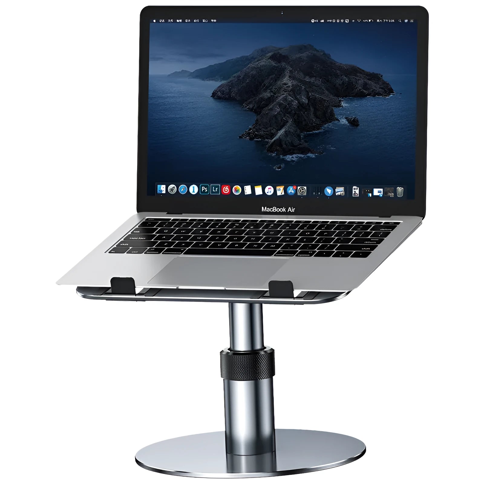 Silver adjustable car laptop stand with aluminum alloy frame and non-slip silicone pads.