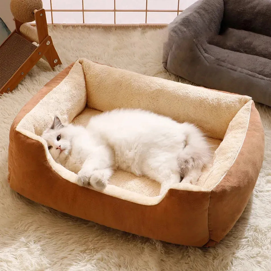 Short plush cat bed cushion shown in multiple sizes and colour options including black, coffee, grey, green and pink