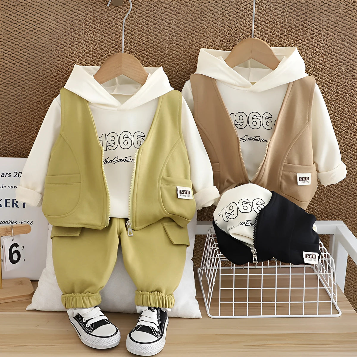 Children's cotton number vest three-piece suit for boys in black with long sleeves and trousers