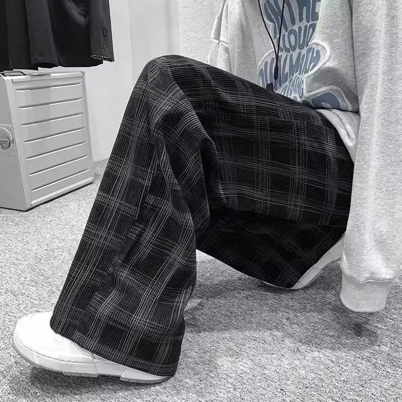 Japanese retro plaid loose pants in straight-leg cut, available in black or green
