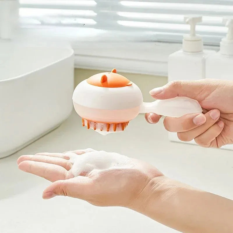 Automatic pet bath brush with soft gel massage heads in blue and orange colour options
