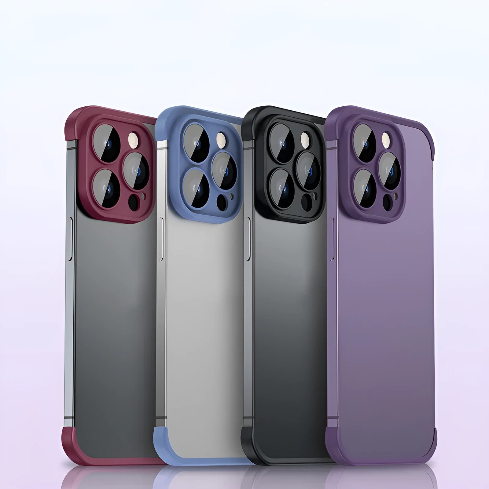 Dark purple corner pad TPU iPhone case showing back with integrated glass lens film over cameras.