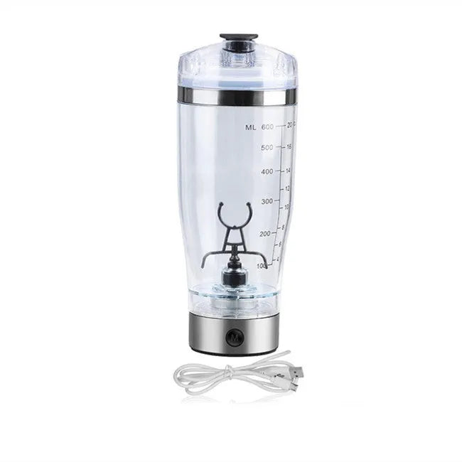 Stainless steel colour USB rechargeable electric blender bottle with motorised lid and 600ml capacity.