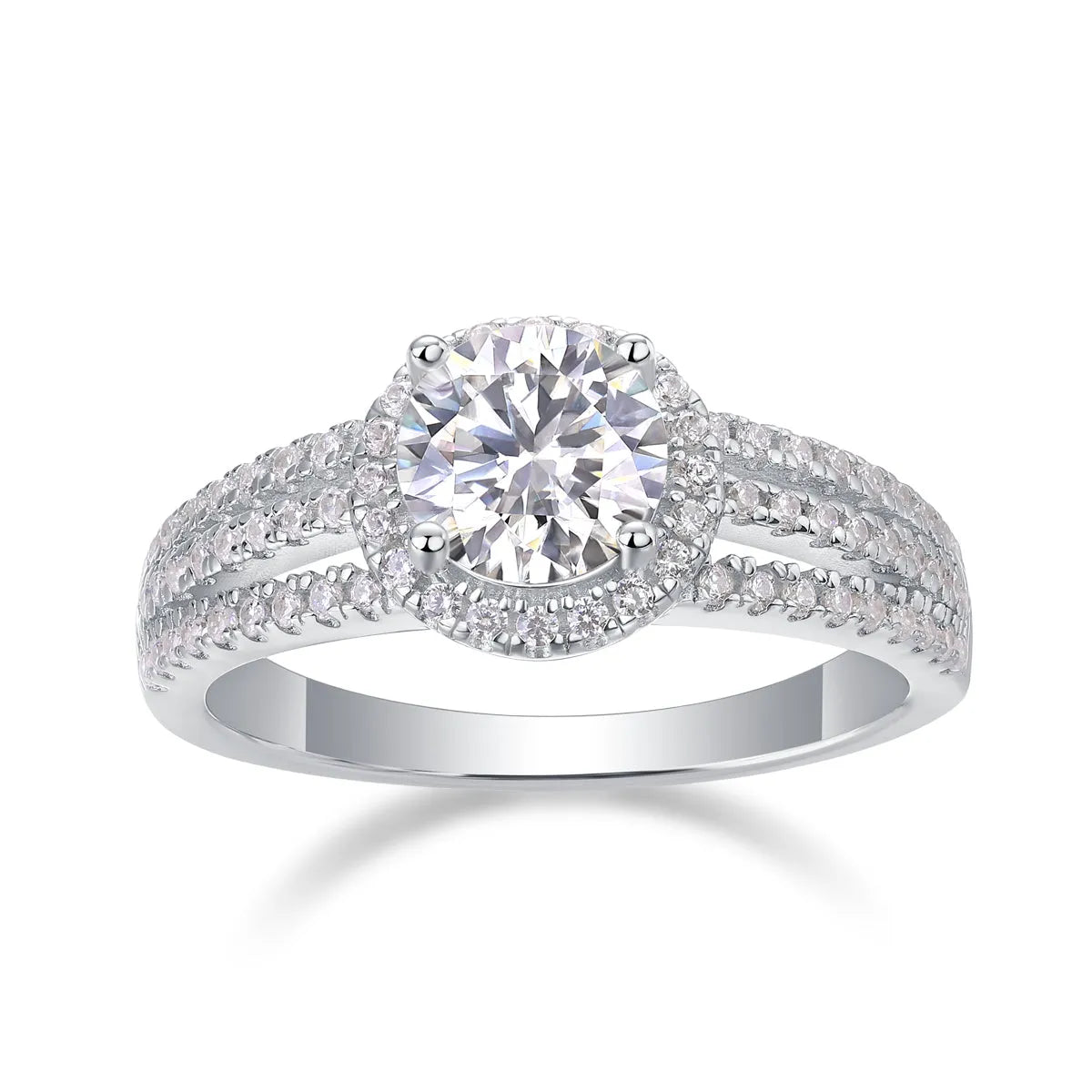 Looking Back wedding ring set with 1-carat moissanite stone in S925 silver platinum-plated band on white background