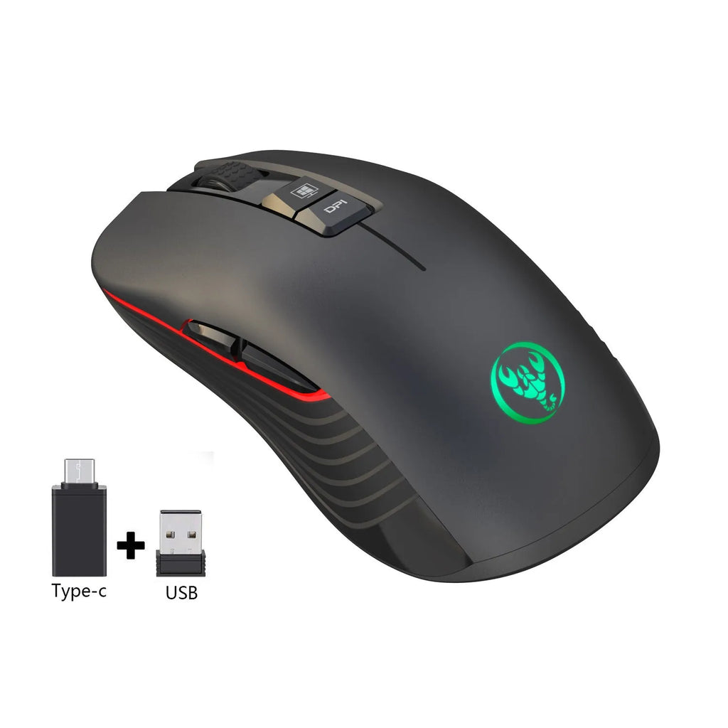Black ergonomic wireless gaming mouse with multi-colour breathing LED lights on a desk.