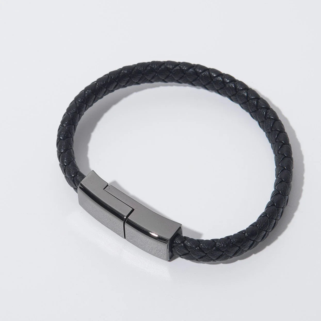 Stylish leather bracelet charging cable for iPhone, Android, and USB-C devices in various colors and sizes