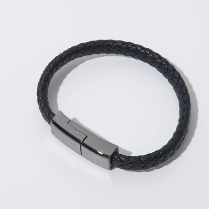 Stylish leather bracelet charging cable for iPhone, Android, and USB-C devices in various colors and sizes