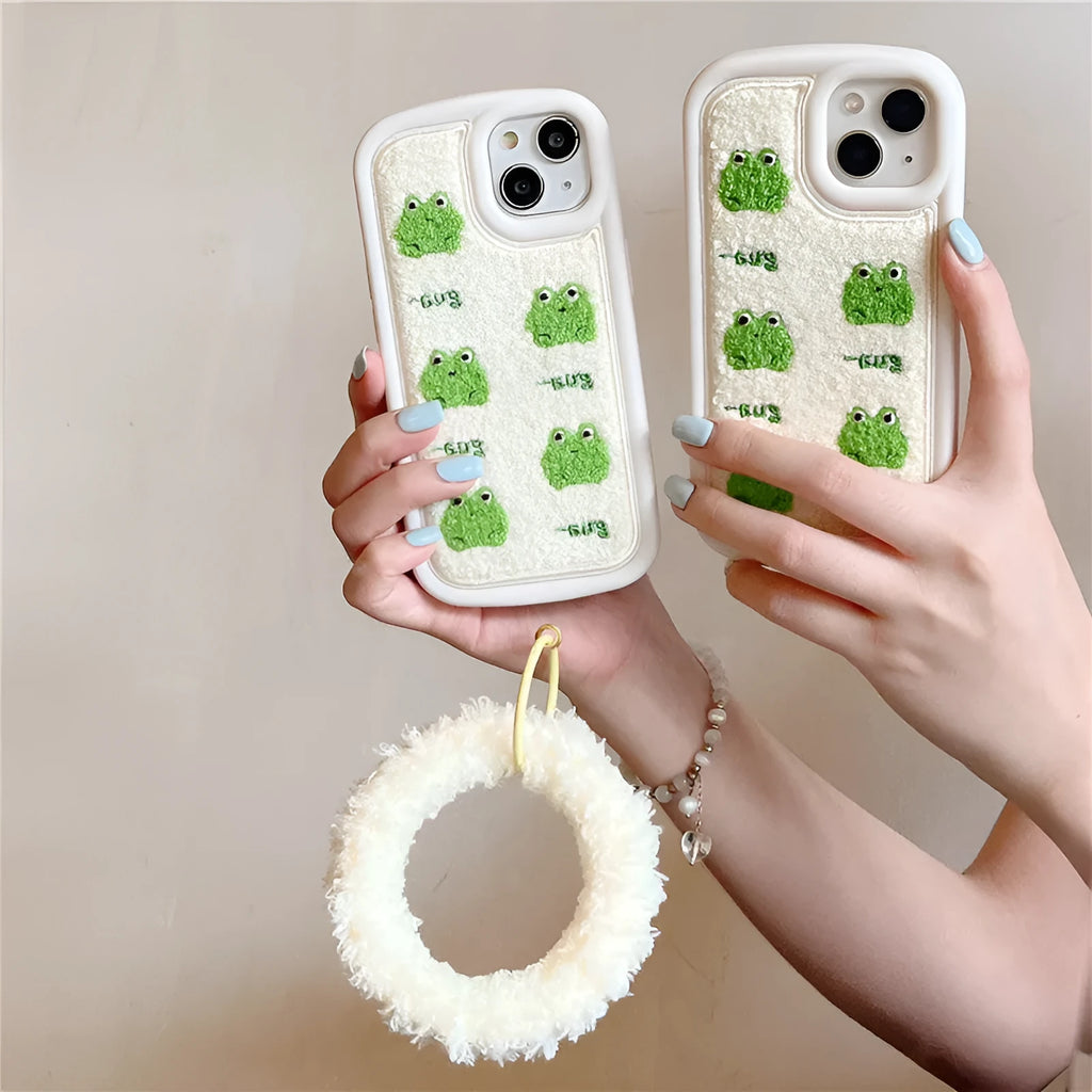 Anti-fall flannel phone case with towel embroidery five little frogs design for iPhone, front view