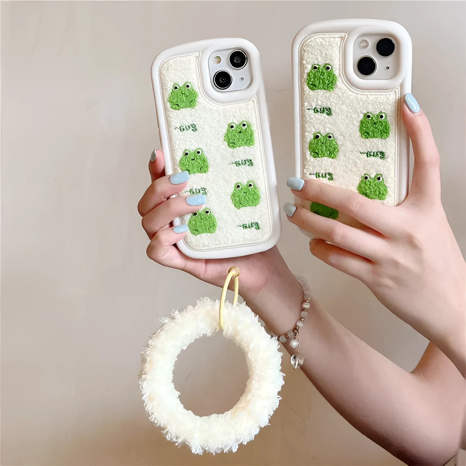Anti-fall flannel phone case with towel embroidery five little frogs design for iPhone, front view
