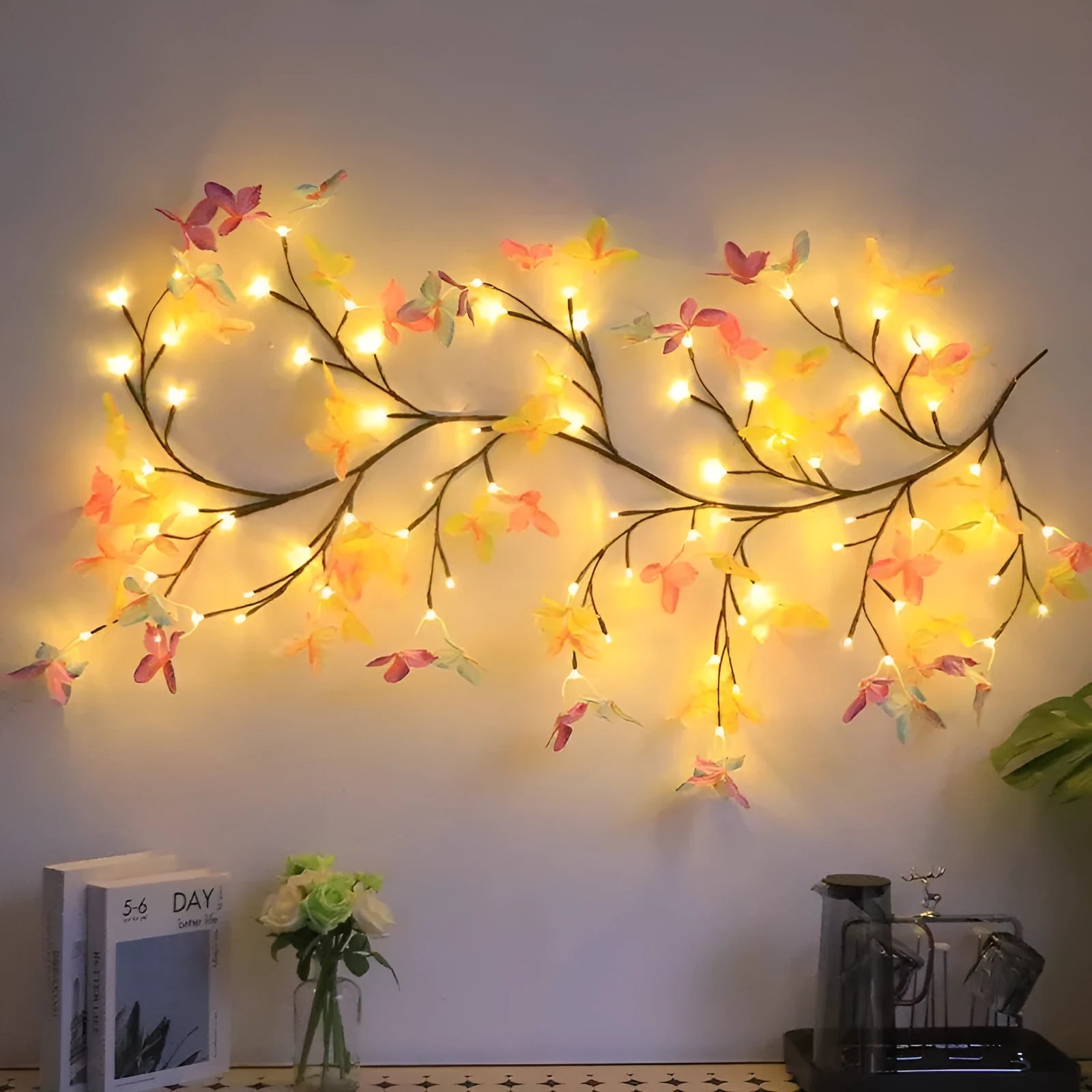 Flexible LED butterfly tree rattan lamp with colour-changing lights and USB power connection