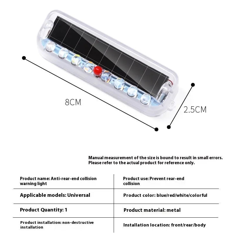 Solar power vehicle anti-collision strobe light, 80x2.5mm, ABS, blue red white colours