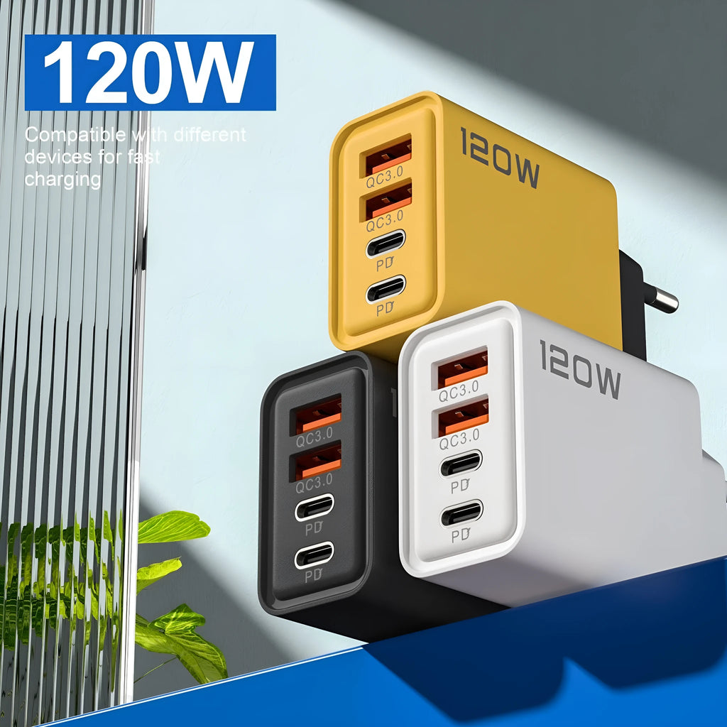 120W dual PD dual USB charger with 220W total output, available in Black, White, or Yellow with EU, UK, or US plug