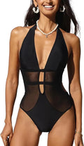 Black women's V-neck one-piece swimsuit with mesh detailing
