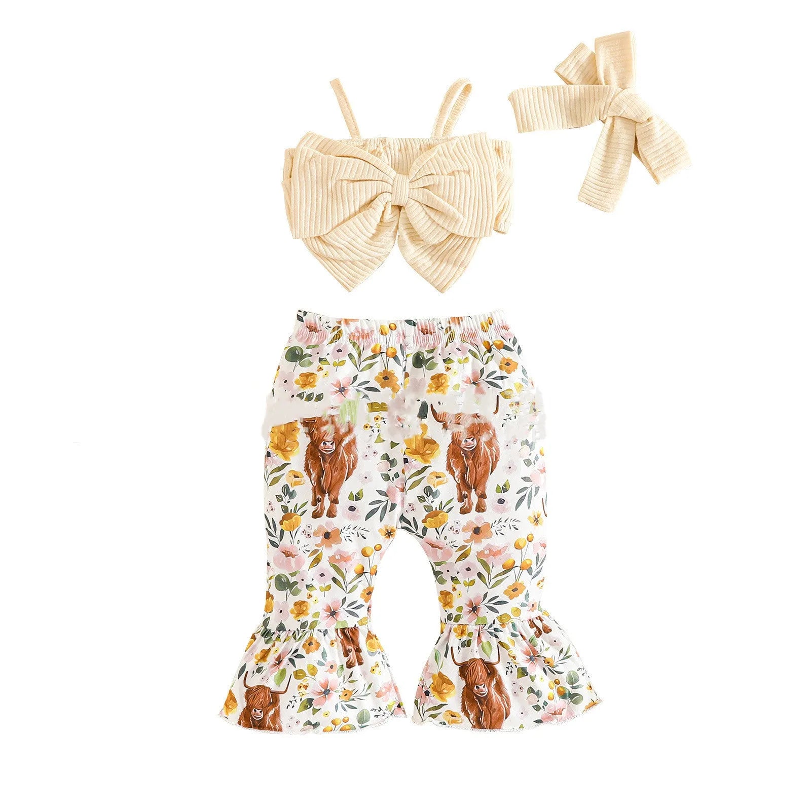 Girls' bow suspenders short top and trousers suit in beige cotton concave stripe fabric with hairband
